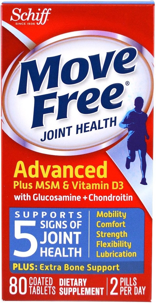 Move Free Glucosamine and Chondroitin Plus MSM & D3 Advanced Joint Health Supplement Tablets, (80 Count in A Box), Supports Mobility, Comfort, Strength, Flexibility and Lubrication* (Pack of 3)