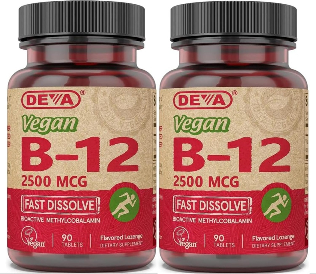 DEVA Vitamines végétales B-12, Haute puissance 2500 mcg B12, Dissolve rapide, Sublingual, 90 comprimés (paquet de 2)