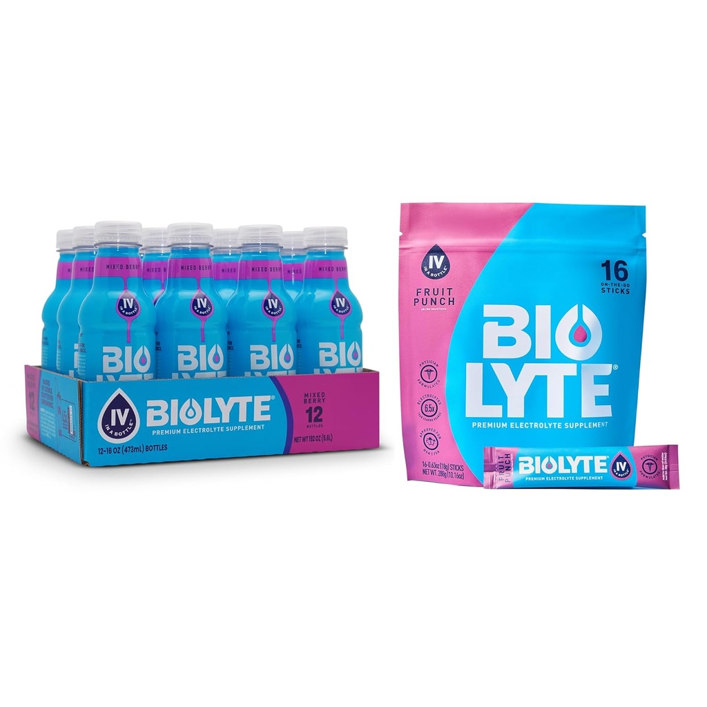 BIOLYTE Mélange d'électrolytes et de boissons d'hydratation IV - Doctor-formulé FSA & HSA Electrolytes liquides, poudres de réhydratation, la chimiothérapie doit avoir pour les femmes et les hommes - Berry, 12 bouteilles, 16 bâtons