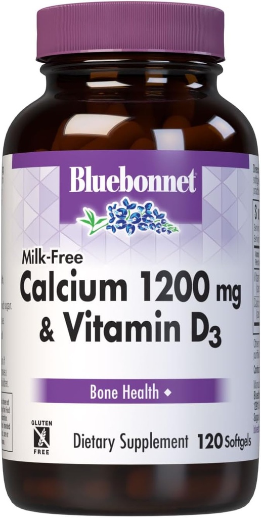Bluebonnet Nutrition Calcium sans lait 1 200 mg Plus Vitamine D3 400 UI - Haute puissance, Absorption maximale Bons sains forts et supplément de soutien de santé immunitaire, sans gluten, sans lait, 120 softgels