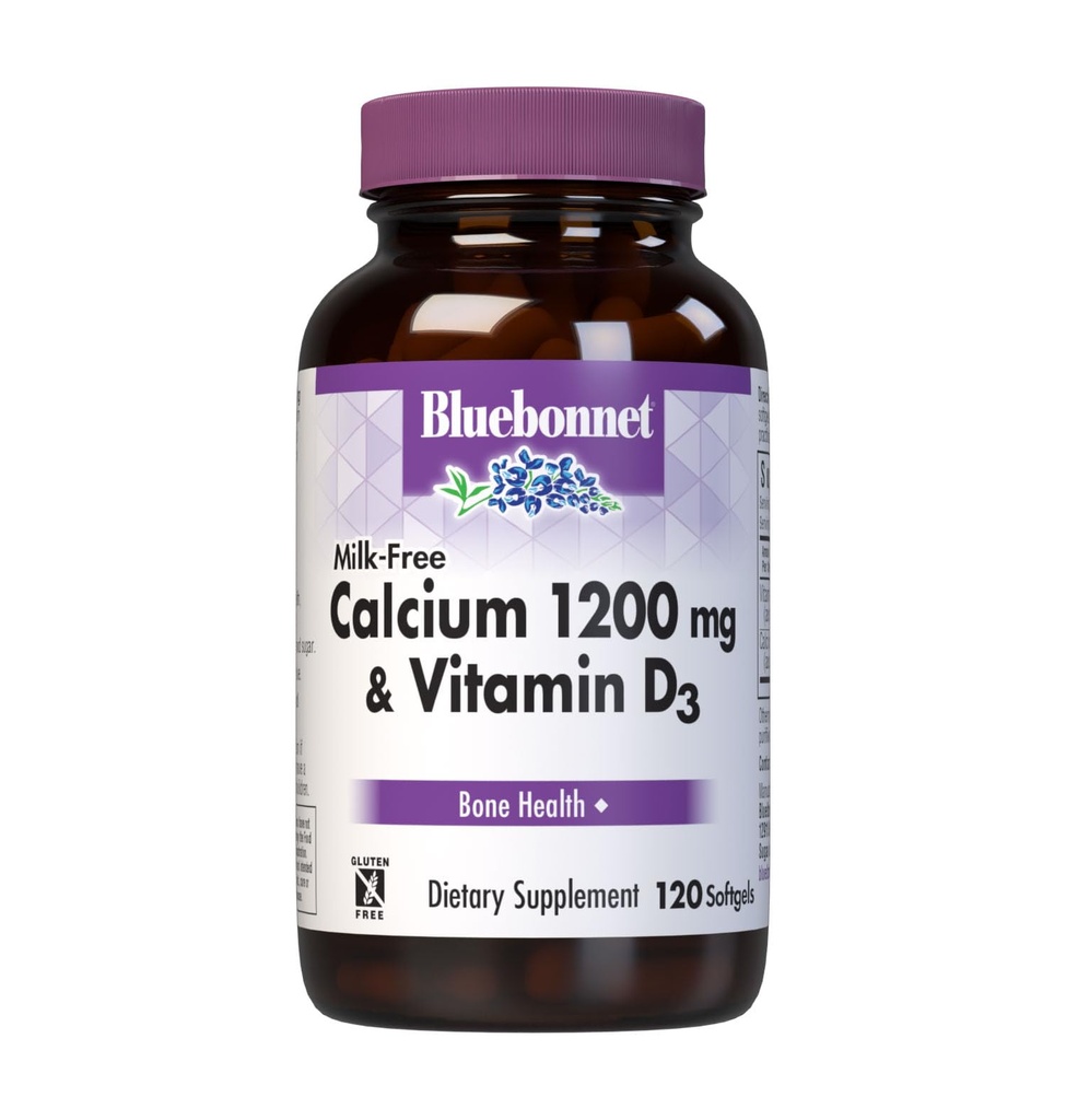 Bluebonnet Nutrition Calcium sans lait 1 200 mg Plus Vitamine D3 400 UI - Haute puissance, Absorption maximale Bons sains forts et supplément de soutien de santé immunitaire, sans gluten, sans lait, 120 softgels