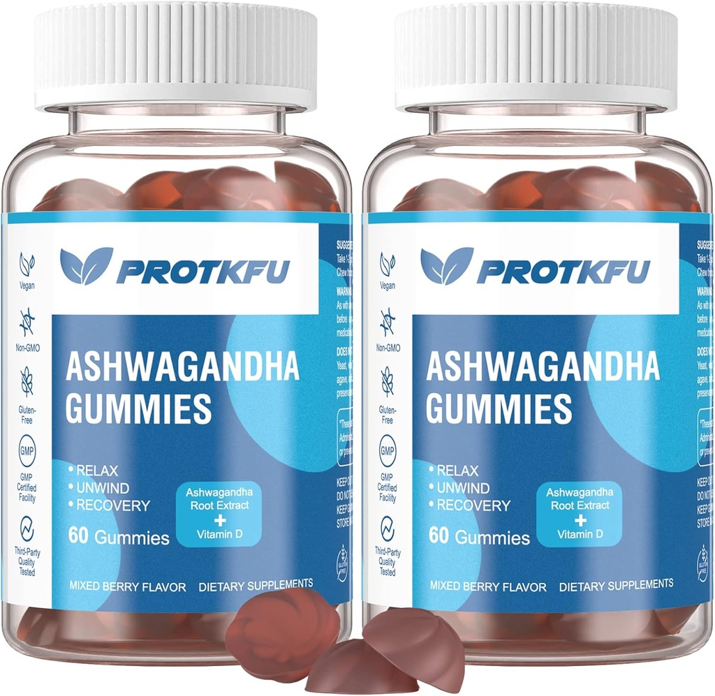 2 Pack Ashwagandha Gummies & Vitamin D3 Gummies Organic Aswangdha Supplement for Improve Sleep, Stress Relief & Mood Calm (Non-GMO, Gluten-Free & Sugar Free)