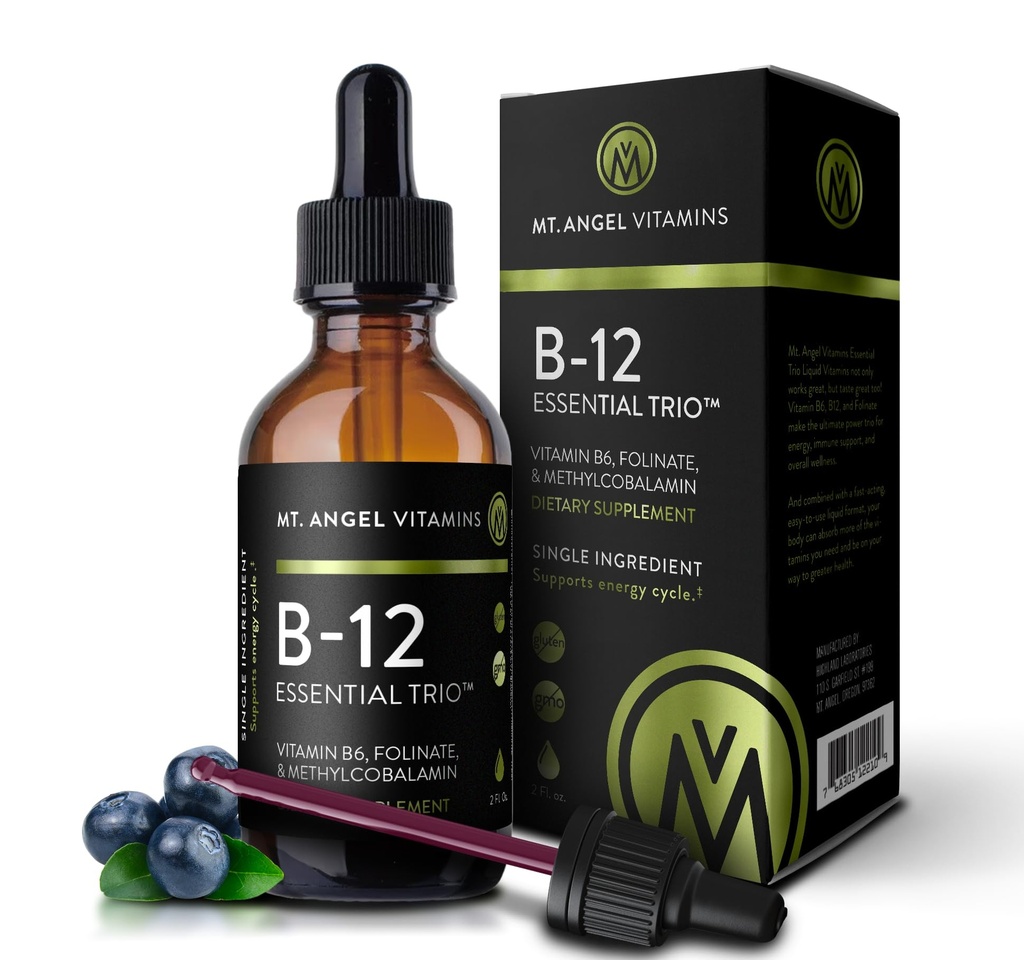 Mt. Vitamines Angel - Trio essentiel B12 - gouttes sublinguales véganes au méthyl B12, B6 et folate de haute puissance - liquide d'absorption facile - non-OGM, fabriqué aux États-Unis