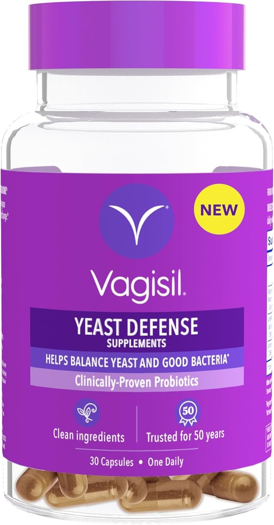 Suppléments Vagisil Yeast Defense, aide à équilibrer la levure et les bonnes bactéries, probiotiques éprouvés cliniquement, ingrédients propres, favorise un microbiome vaginal sain, juste 1 Capsule par jour, 30 Capsules