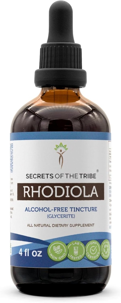 Secrets de la tribu Rhodiola Teinture sans alcool (Glycérite) 655 mg Rhodiola (Rhodiola Rosea) Racine séchée (4 Fl Oz) Supplément de soutien énergétique