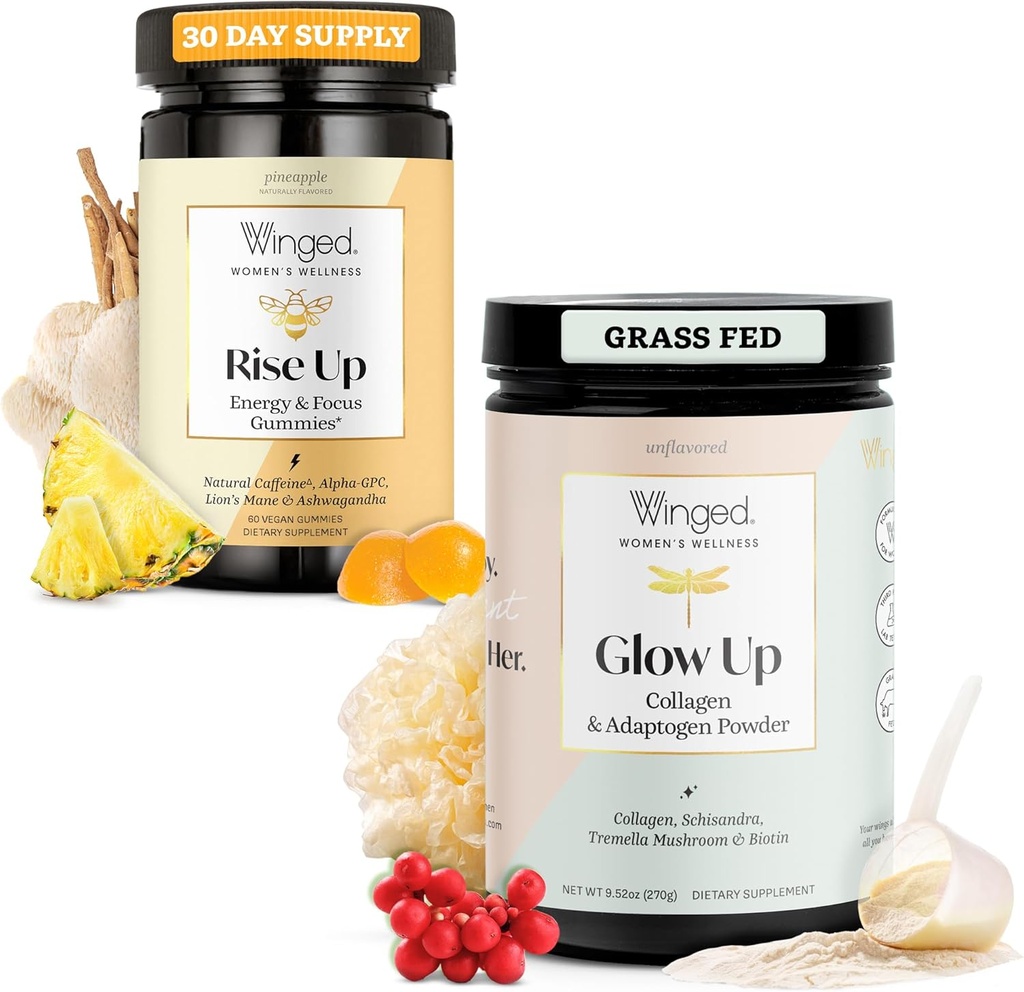 Winged Rise Up Gummies | Energy & Brain Boost Supplement & Glow Up Collagen Powder | Better Hair, Skin, Nails for Women Bundle