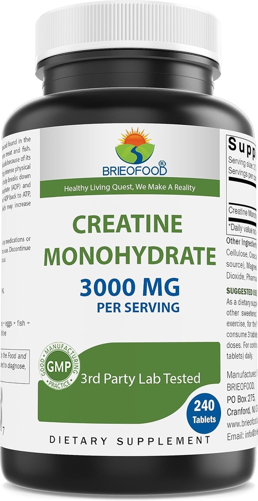 Brieofood Pilules de créatine 3000 mg par portion - 240 comprimés - 3e laboratoire de partie testé pour la pureté et la qualité - aide à améliorer la performance athlétique