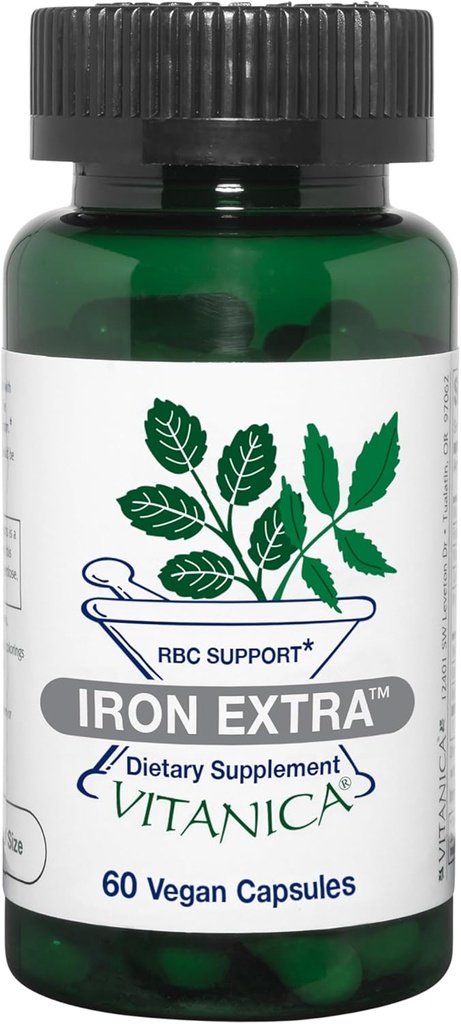 Vitanica Iron Extra, supplément de fer Absorption améliorée avec la vitamine C 500mg, méthylfolate 400mcg, B12 Vitamine 500mcg, Calcium, Dock jaune, Extrait de racine de dandelion et de feuille de neige, végétalien, 60 Capsules