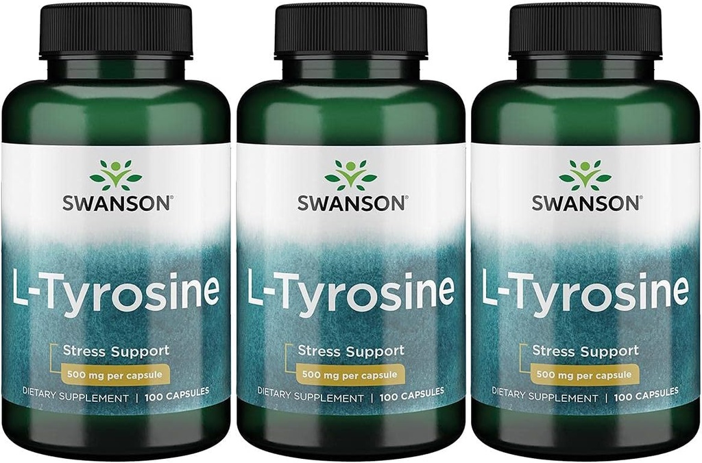 Swanson L-Tyrosine - Supplément à l'acide amino Promouvoir le soutien au stress, la fonction cognitive - Aide à soutenir la santé globale du cerveau - (100 capsules, 500mg chacune) 3 Pack