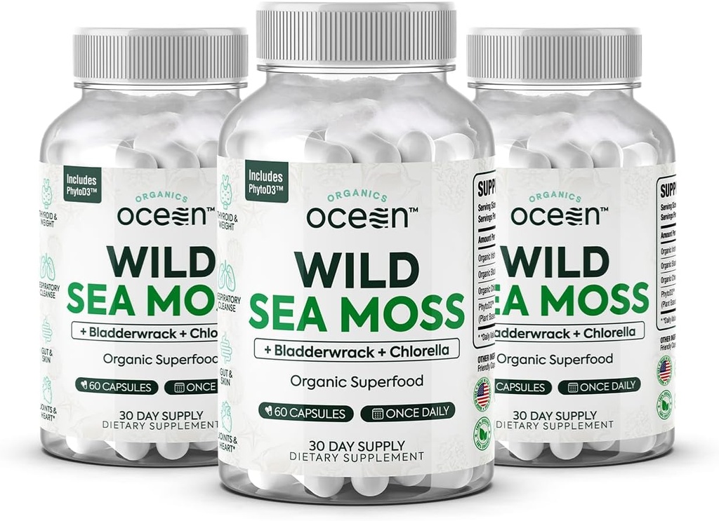 Organics Ocean Wild Sea Moss Capsules - 100% Bio Irish Sea Moss with Organic Chlorella, Bladderwrack and Vitamine D for Energy, Lung Health and Thyroïde Support for Women and Men - 3 bouteilles