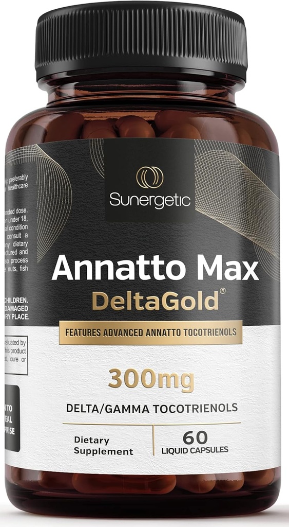 Sunergetic Premium Annatto Tocotrienol Supplement – with DeltaGold – Tocotrienols Vitamin E 300 mg – Supports Liver, Immune & Heart Health - Delta + Gamma Tocotrienols (60 Liquid Capsules)