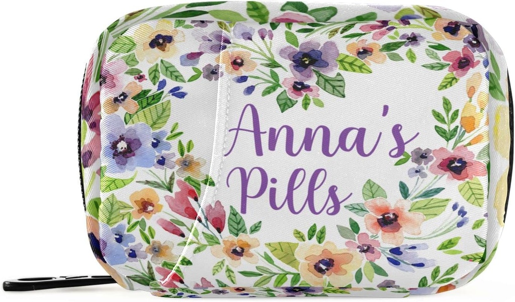 Custom Pill Box 7 Day Pill Case Bag Watercolor Spring Flowers Personalized Name Travel Pill Organizer Bag with Zipper Portable Weekly Case Compact Size for Vitamin Supplement Holder