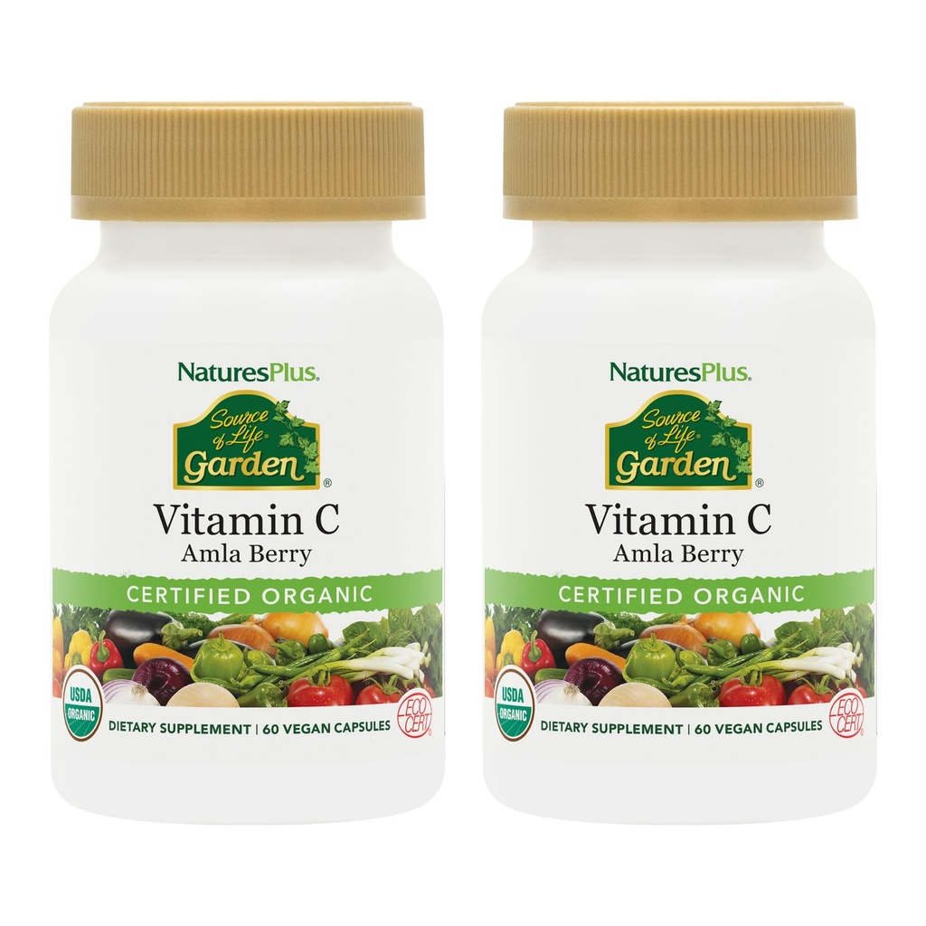 NaturesPlus Source de Vie Jardin Vitamine C - 60 Capsules Vegan, Pack de 2 - Système immunitaire Support - certifié biologique, non OGM, sans gluten - 60 portions totales