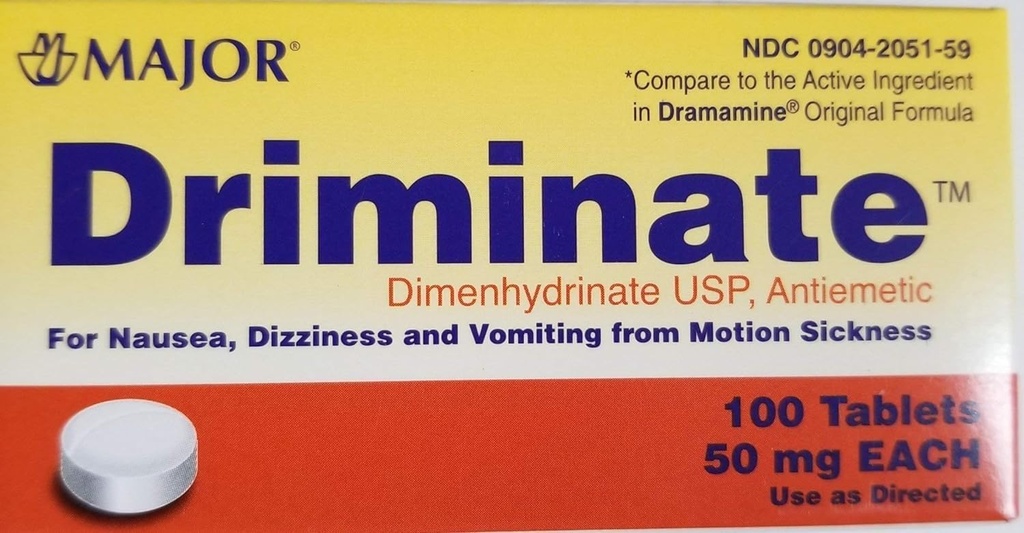 Major Driminate® Dimenhydrinate 50mg 100 Ct pour les nausées, les vertiges et les vomissements de la maladie du mouvement