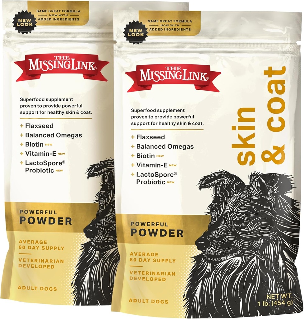 The Missing Link Skin & Coat + Probiotics Supplement 1lb Sac 2/Pack - Poudre super-alimentaire puissante pour les chiens soutient une peau saine et un manteau brillant, favorise la croissance des cheveux