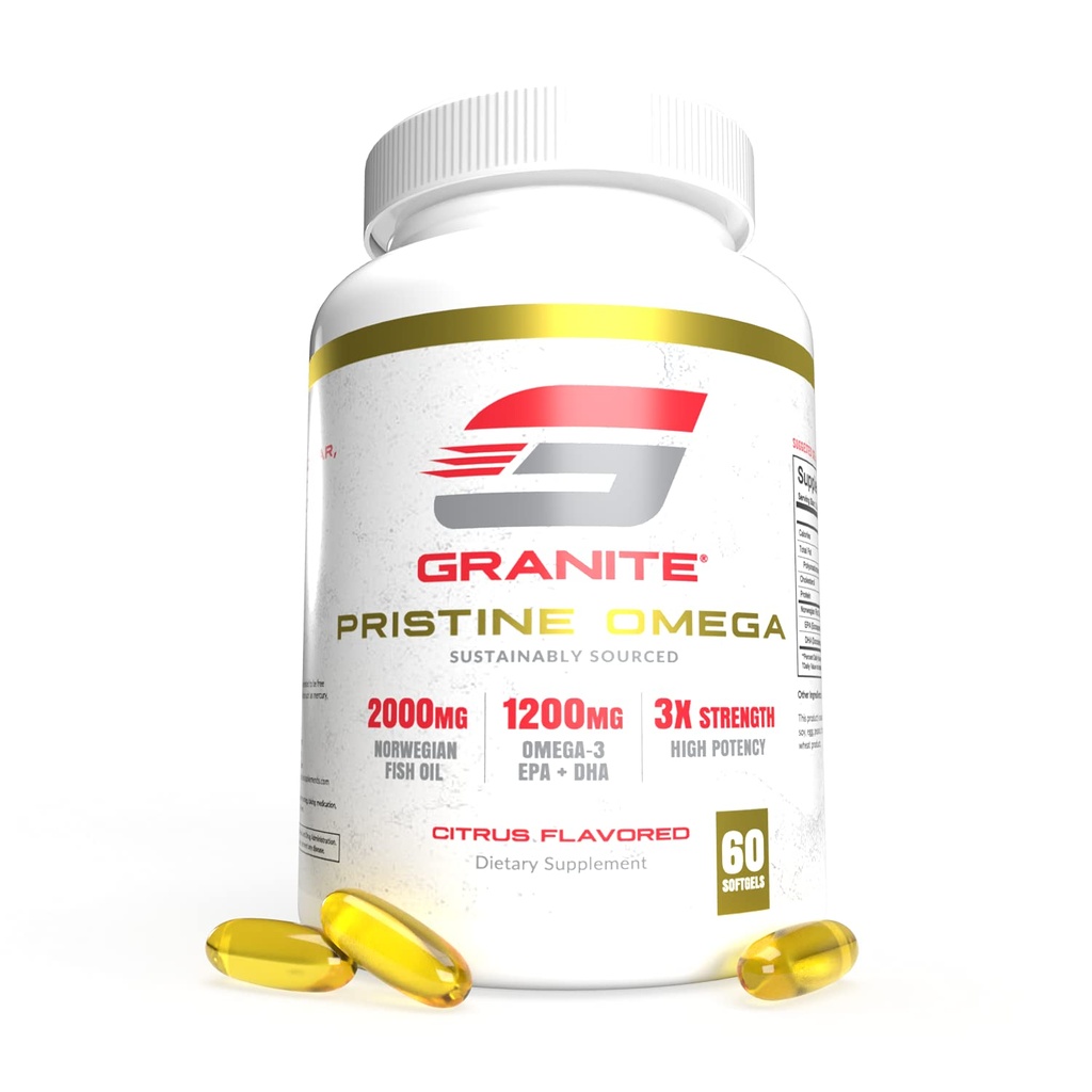 Supplément Granite Pristine Omega-3, 2000mg Norwegian Fish Oil Complements with EPA & DHA, Supports Joint, Coeur, Cerveau, & Mood, Source durable, Pureté testée (60 Softgels)