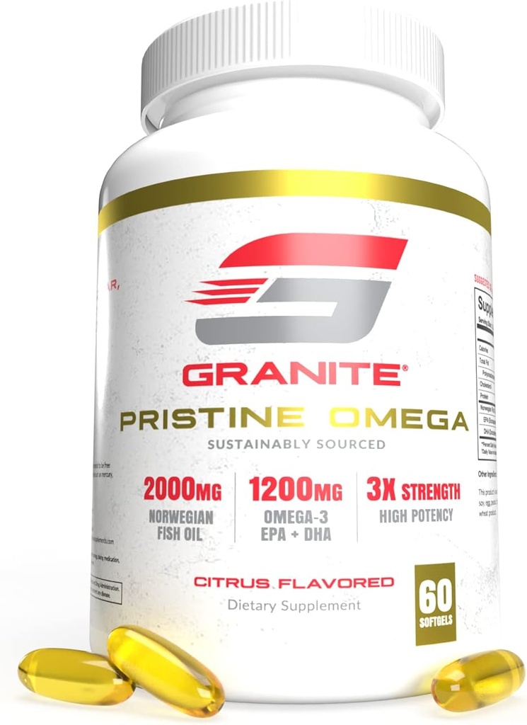 Supplément Granite Pristine Omega-3, 2000mg Norwegian Fish Oil Complements with EPA & DHA, Supports Joint, Coeur, Cerveau, & Mood, Source durable, Pureté testée (60 Softgels)