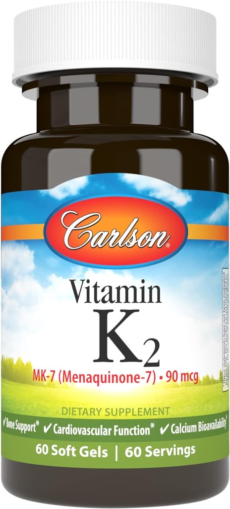 Carlson - Vitamine K2 MK-7 (Ménaquinone), 90 mcg, Soutien osseux, Biodisponibilité au calcium, K2 Vitamine, Vitamine K-2, 60 Softgels