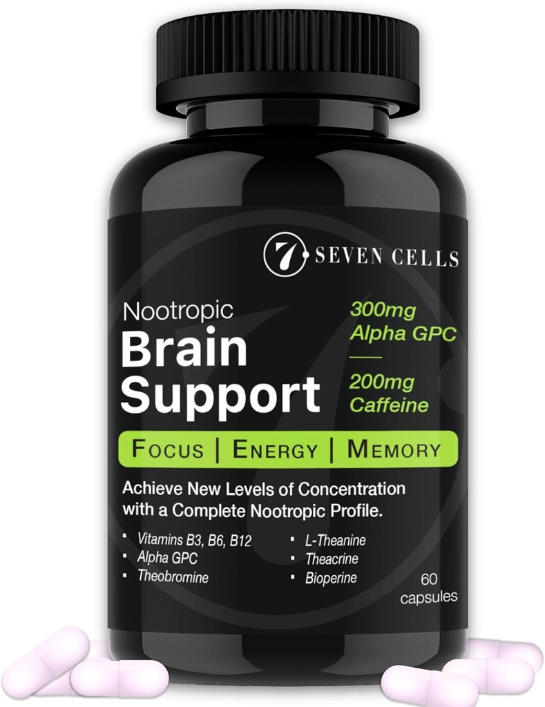 Brain Support Supplement with 300mg Alpha GPC & 200mg Natural Caffeine & Vitamins for Cognitive Health, Energy, Memory and Focus - Brain Booster (60 Capsules, 1-Month Supply)