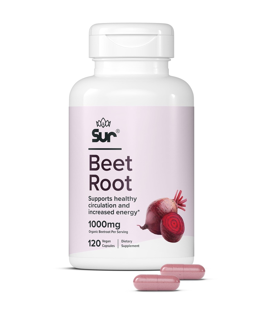 Sur Organic Beet Root Capsules 1000mg - Soutienne une circulation saine et une énergie accrue - Superfood à oxyde nitrique (120 Capsules)