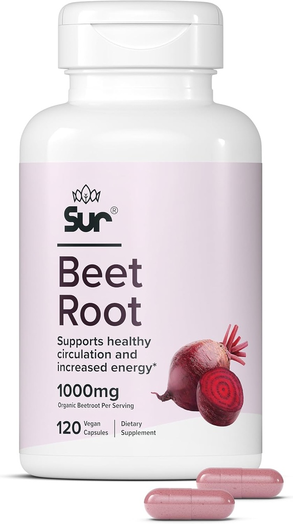 Sur Organic Beet Root Capsules 1000mg - Supports Healthy Circulation and Increased Energy - Nitric Oxide Superfood (120 Capsules)
