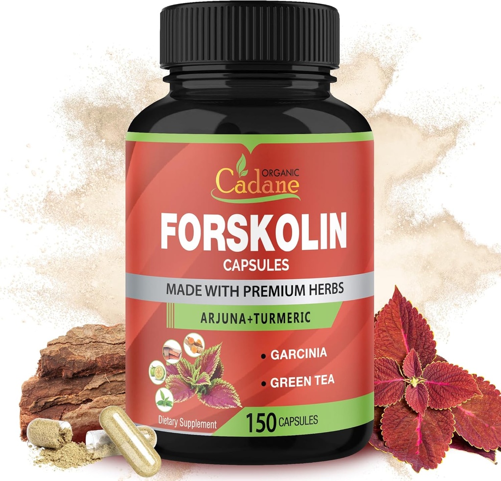 Capsules de supplément de forskolin de Cadane bio - 5 en1 concentrées avec Curcumine curcuma, Arjuna, Garcinia Cambogia et Thé Vert - 150 capsules pour 5 mois d'approvisionnement