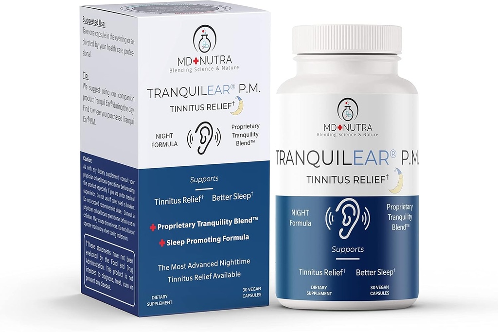 Tranquil Ear PM Ear Health & Tinnitus Relief Supplement Développé par les chirurgiens de l'oreille pour la nutrition de l'oreille, le soulagement de l'oreille et les symptômes de l'acouphène - Formule nocturne - All-Natural 30 Capsules Vegan