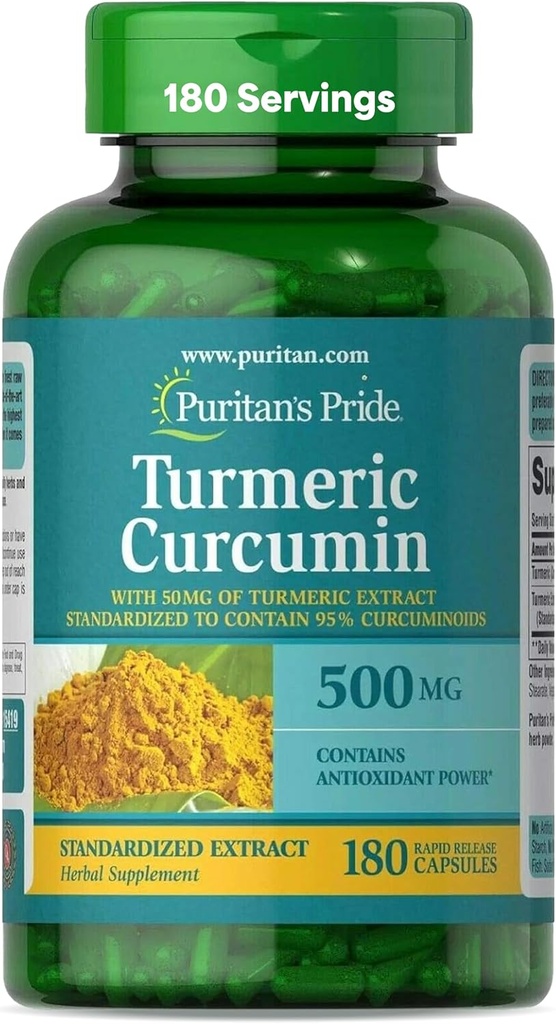 Puritan's Pride Curcumin curcuma 500mg, Standarisé à 95% Cucuminoides, supplément alimentaire à base de plantes pour la santé antioxydante, 180 Capsules de libération de radicaux