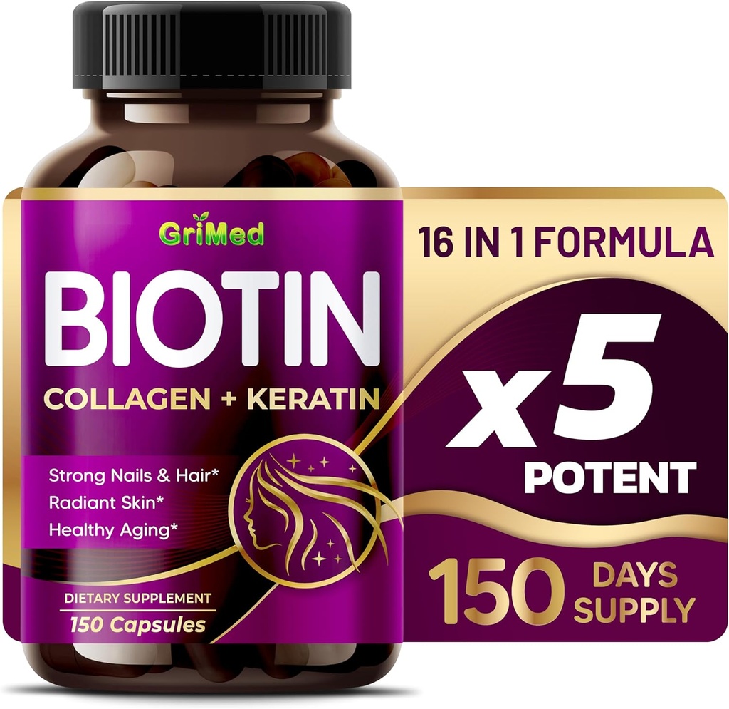 GriMed BIOTIN avec collagène + kératine 7,275mg Nails et cheveux forts, peau radiante, vieillissement en santé- États-Unis fait et testé (150 comte (paquet de 1))