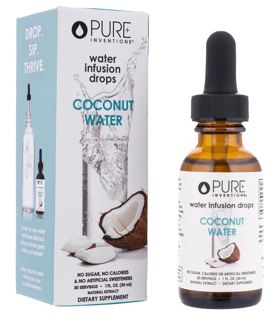 Inventions pures Eau de coco - gouttes d'eau - Hydratation par électrolyte - Pas de sucre, de calories ou d'édulcorants artificiels - 30 portions, 1 oz