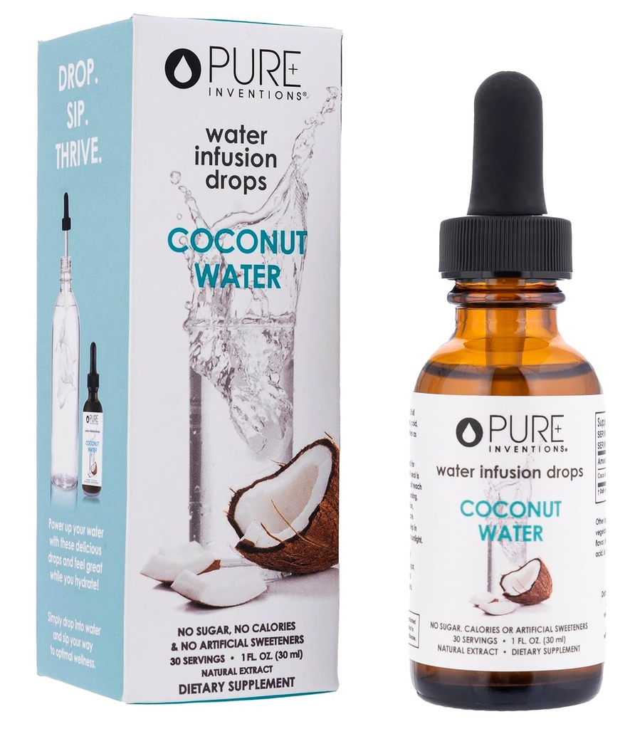 Inventions pures Eau de coco - gouttes d'eau - Hydratation par électrolyte - Pas de sucre, de calories ou d'édulcorants artificiels - 30 portions, 1 oz