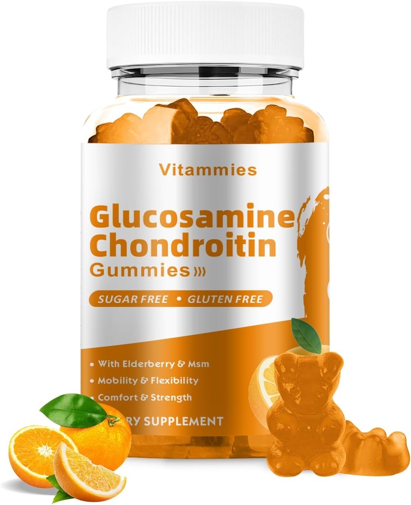 Glucosamine Chondroïtine Gommies avec MSM & Elderberry Extra Strength - Soutien articulaire, Supplément de soutien immunitaire antioxydant pour adultes, hommes et femmes Minéraux, coenzyme Q10, DHA - 60 Gommies Orange