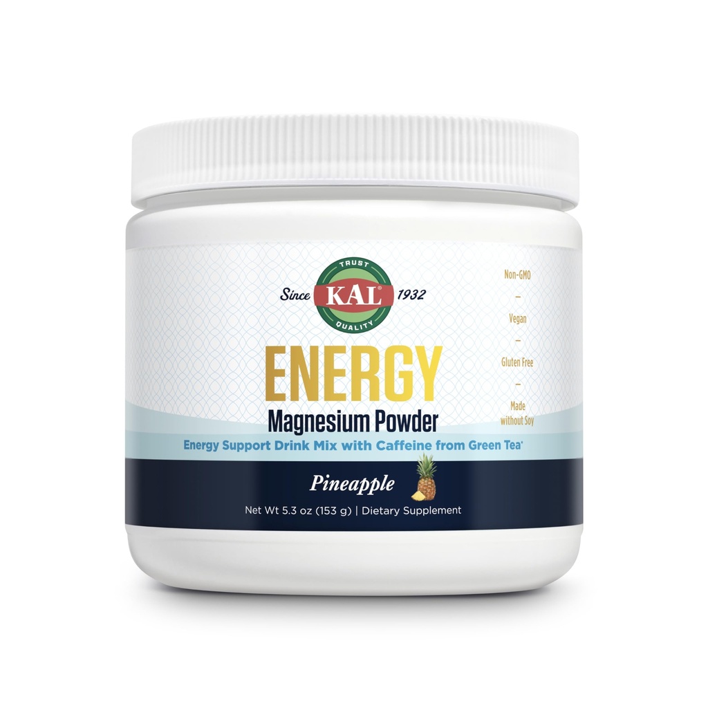 KAL Energy Magnésium en poudre, poudre de citrate de magnésium d'ananas, support énergétique avec caféine de thé vert, sans sucre, 40 portions