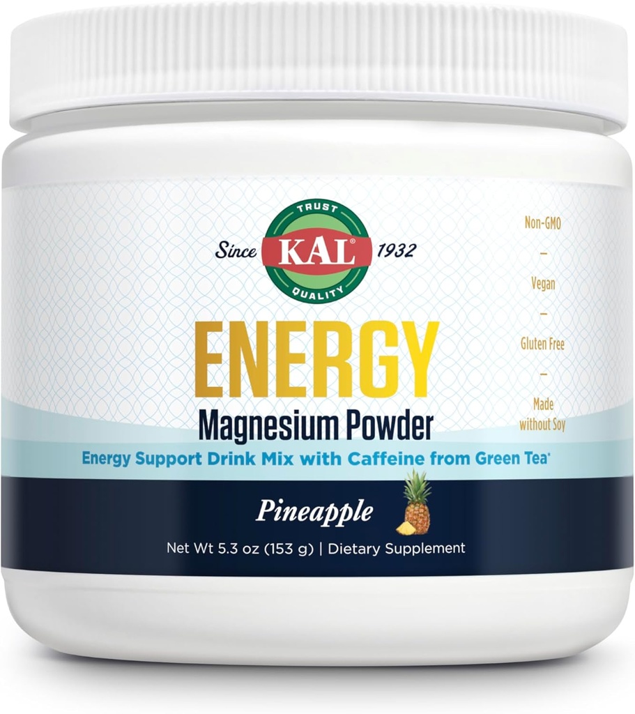 KAL Energy Magnésium en poudre, poudre de citrate de magnésium d'ananas, support énergétique avec caféine de thé vert, sans sucre, 40 portions