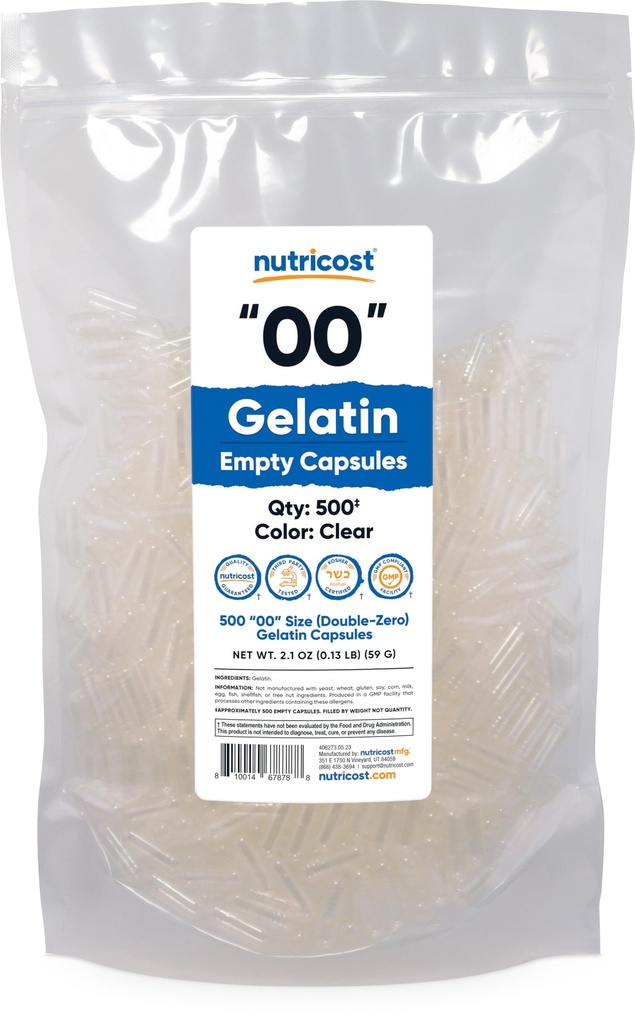 Nutricost Empty Capsules Size 00-500 Clear Empty Gelatin Capsules - Kosher Certified, Non-GMO, Soy Free, Gluten Free