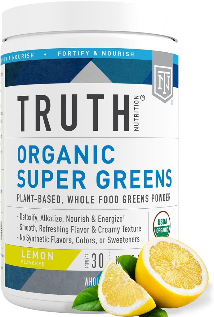 Truth Nutrition Poudre Super Greens - Poudre Superfood Verte Bio pour stimuler l'énergie et l'immunité, Digestion saine pour les hommes et les femmes, supplément vert Smoothie Poudre Mix (Lemon)