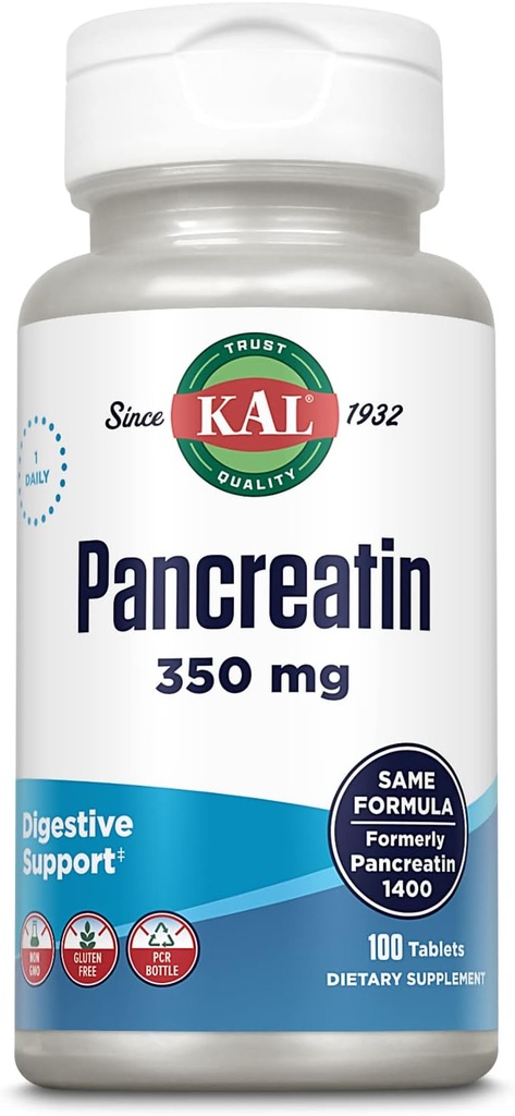 KAL Pancreatin 350mg, Enzymes digestifs pour les femmes et les hommes, Enzymes pancréatiques pour le soutien de la santé digestive, sans gluten, non OGM, désintégration rapide, garantie de 60 jours, 100 portions, 100 comprimés