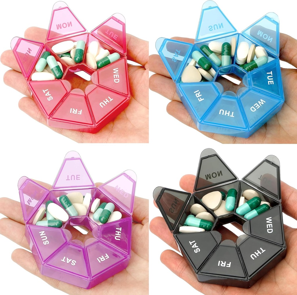 Marque 4 Pack Pill Box - quotidien et hebdomadaire Pill Organizer, taille de voyage, 1 fois par jour, petit cas de pilule, récipient à pilules et titulaire