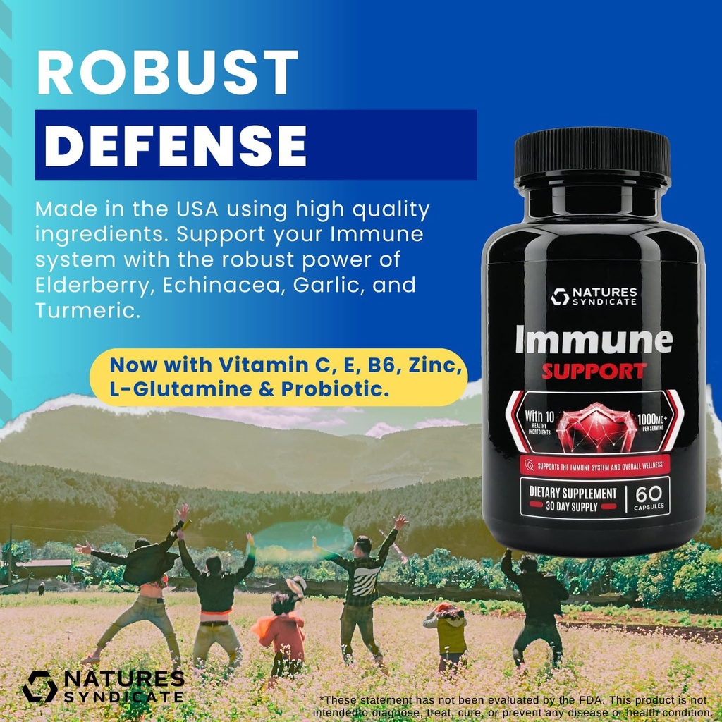 Supplément de soutien immunitaire - 10-en-1 avec Echinacea, Elderberry, Ail, Turmeric avec Zinc, Vitamine C, E, B6 et L-Glutamine, 4.8 Million CFU Probiotique pour adultes