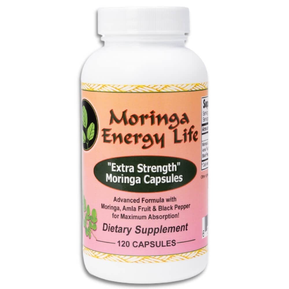 Moringa Energy Life Moringa Capsules Extra Strength 120, Moringa Oleifera Leaf, Amla Fruit, poivre noir. Sans gluten, sans OGM, supplément végétalien