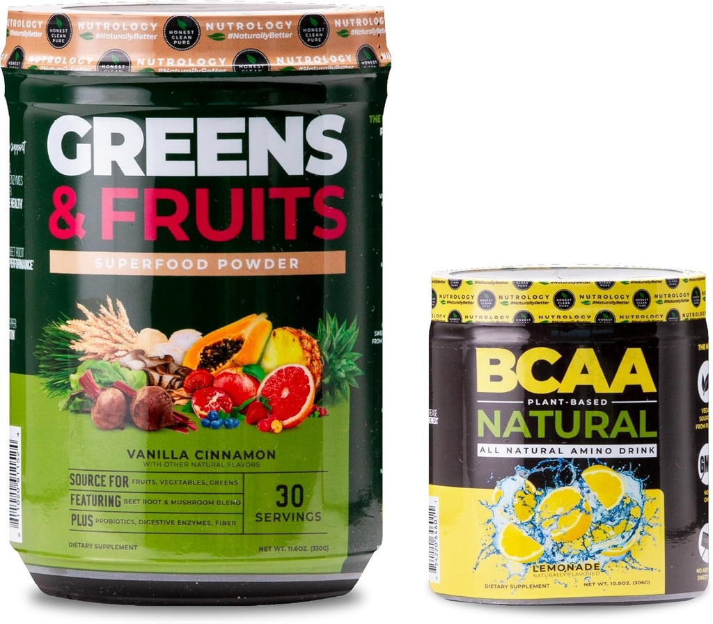 Nutrologie Greens & Fruits Poudre naturelle Superfood, Vanilla Cinnamon (30 portions) BCAA Poudre naturelle à base végétale BCAA, Limonade Saveur (30 portions)