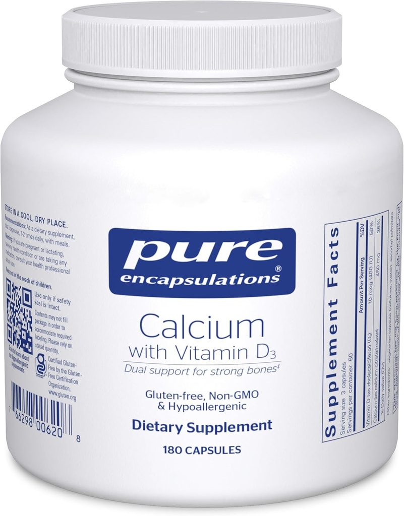 Encapsulations pures Calcium avec vitamine D3-- Supplément alimentaire pour soutenir la santé des os, des colonies et des maladies cardiovasculaires*