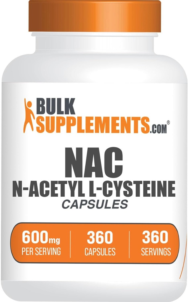 BulkSupplements.com Capsules N-acétyl L-Cysteine - N-acétyl Cysteine 600mg, Supplément NAC - 600mg par gélule, sans gluten - 1 Capsule NAC par portion, 360 Capsules (paquet de 1)