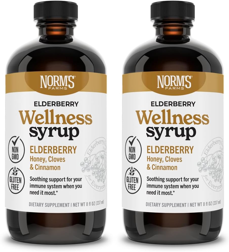 Norm's Farms Wellness Black Elderberry Sirop avec du miel, de la cannelle et des vêtements - Fabriqué aux États-Unis, Natural Immmune Support, Pas d'alcool ou de remplissage, sans gluten, non-OGM, végétalien, sirop d'épices - 2PK 8 Oz