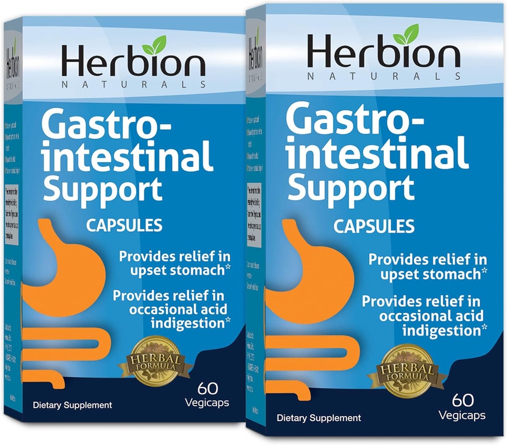 HERBION Naturals Gastro-intestinale Support Mélange à base de plantes pour le soulagement de l'estomac, la santé et la fonction gastro-intestinales, l'indigestion occasionnelle de l'acide, Flore intestinale saine, 60 Vegicaps - Paquet de 2