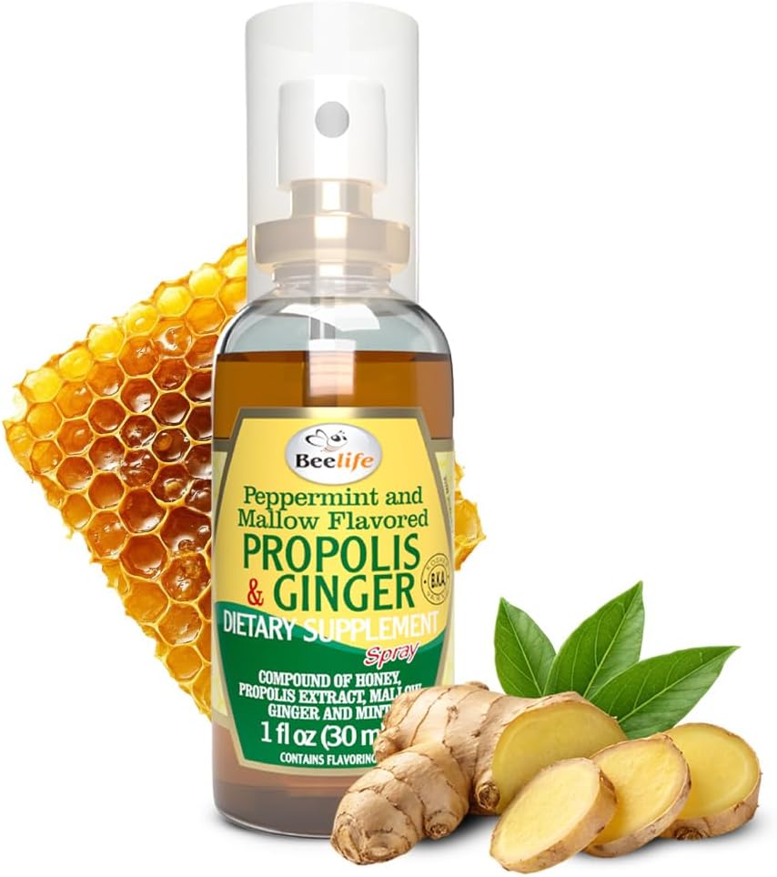 Spray pour la gorge de propolis de l'abeille – Propolis pour le miel apaisant et le gingembre - Soutien naturel immunitaire et soulagement de la gorge, antioxydants, riches en flavonoïdes et Artepillin C, sans sucre, sans gluten - 1-pack, 30ml