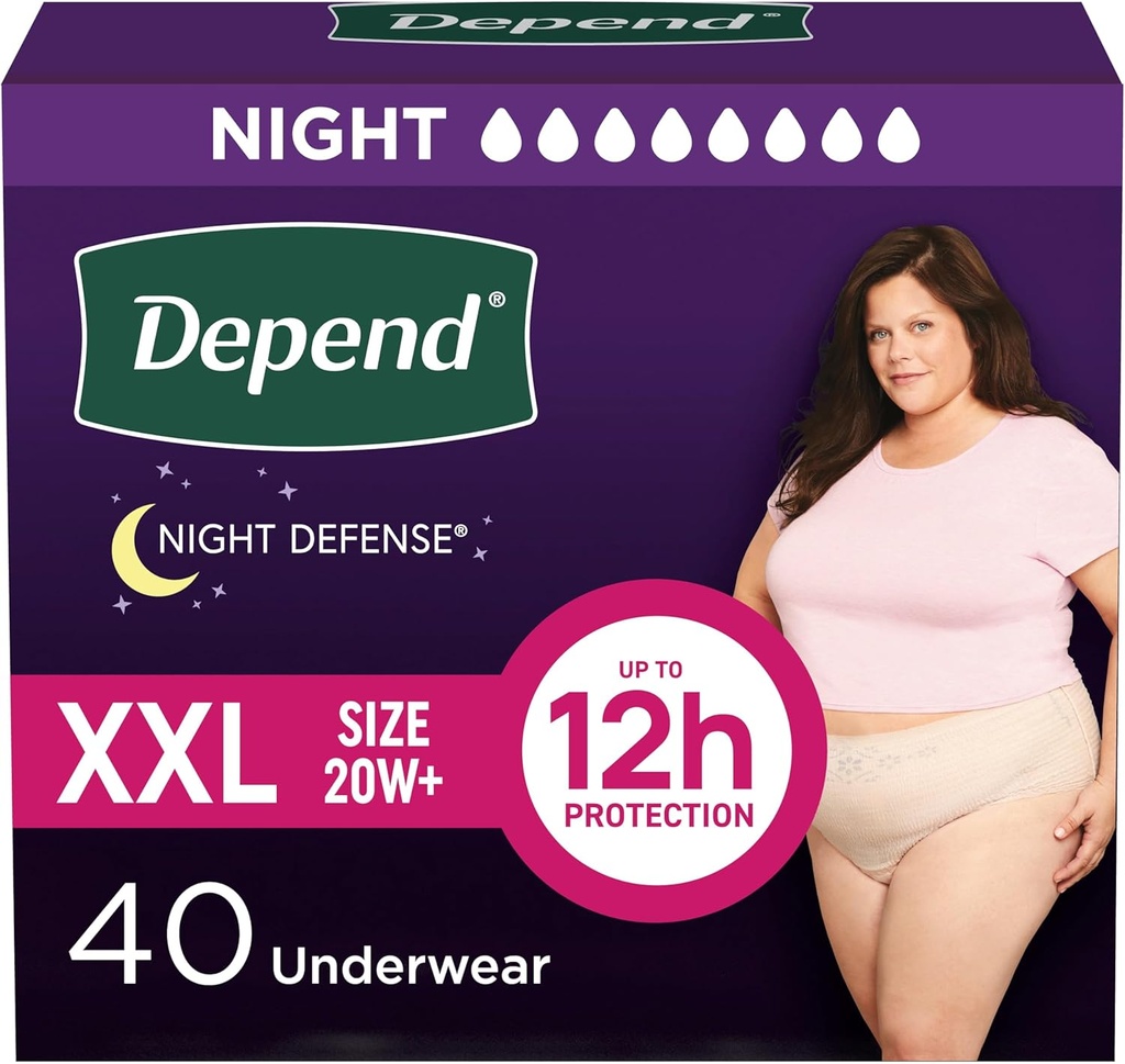 Depend Night Defense Couches Adultes, Incontinence & Postpartum Bladder Sous-vêtements pour femmes, jetable, nuit, Extra-Extra-Large, Blush, 40 Compte (4 Packs de 10), Emballage May Vary