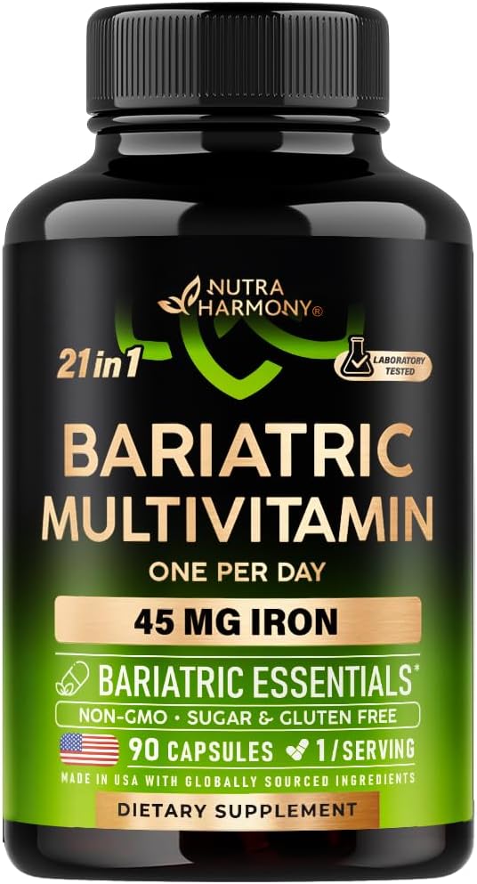 NUTRAHARMONY Bariatric Multivitamin - 45 mg Iron Supplements - Made in USA - for Women & Men - All-in-One, 21 Essential Vitamins - Gastric Sleeve Support - Light Tropical Flavor - 90 Capsules