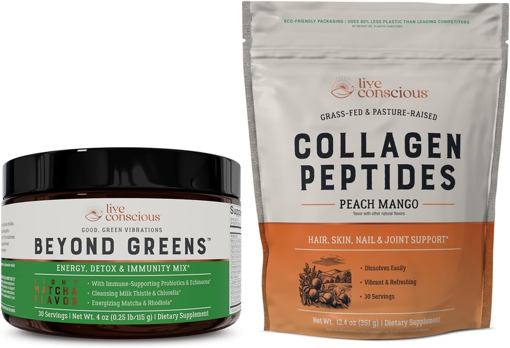 Live Conscious Beyond Greens & Collagen Peptides Peach Mango| Mushroom Coffee Alternative Low Caffeine + Hair, Skin, Nail, and Joint Support