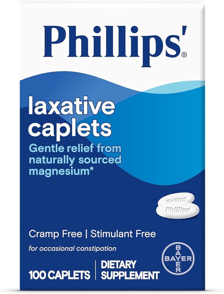 Caplets laxatifs de Phillips, avec supplément de magnésium naturel pour un soulagement doux de la constipation occasionnelle, des crampes et des laxatifs libres stimulants, 100 caplets